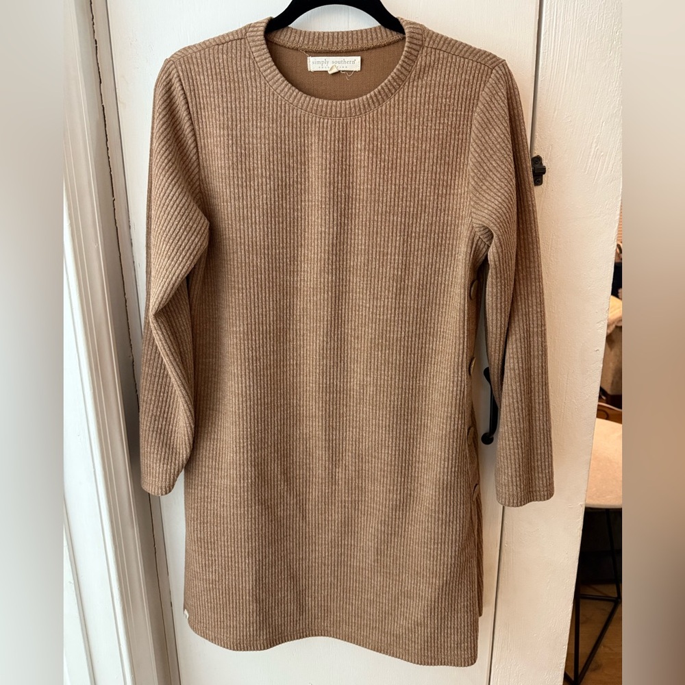 Simply Southern Women’s Brown Ribbed Knit Sweater Dress with Pockets (M)